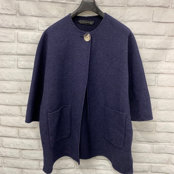Zara Wool Blend Cape Coat Size L in Navy Blue Oversized - Picture 3 of 8